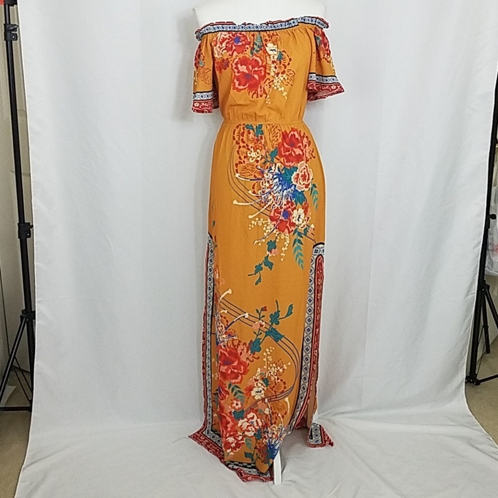Flying Tomato Gold Off the Shoulder Maxi Dress Size S New